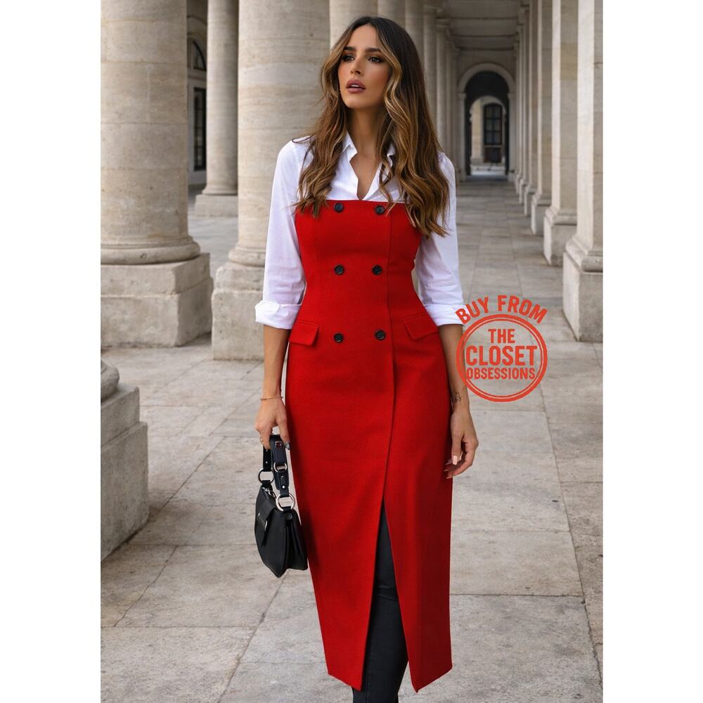 Zara Strapless Red Midi Dress Front Slit Quiet Luxury NWT